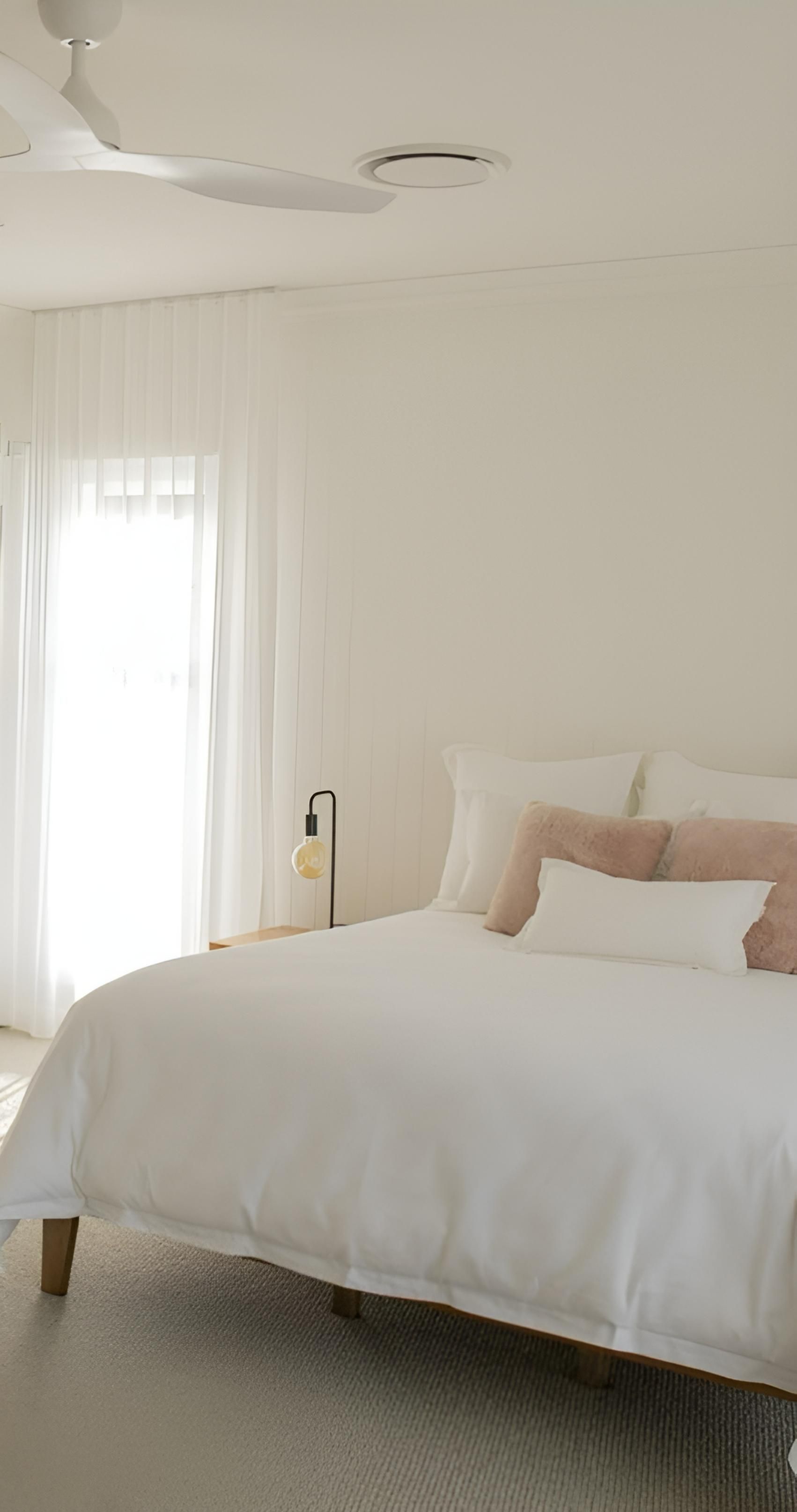 White Bedroom With Bed, Window, and Lamp — Mid North Coast Drafting & Construction in Taree, NSW