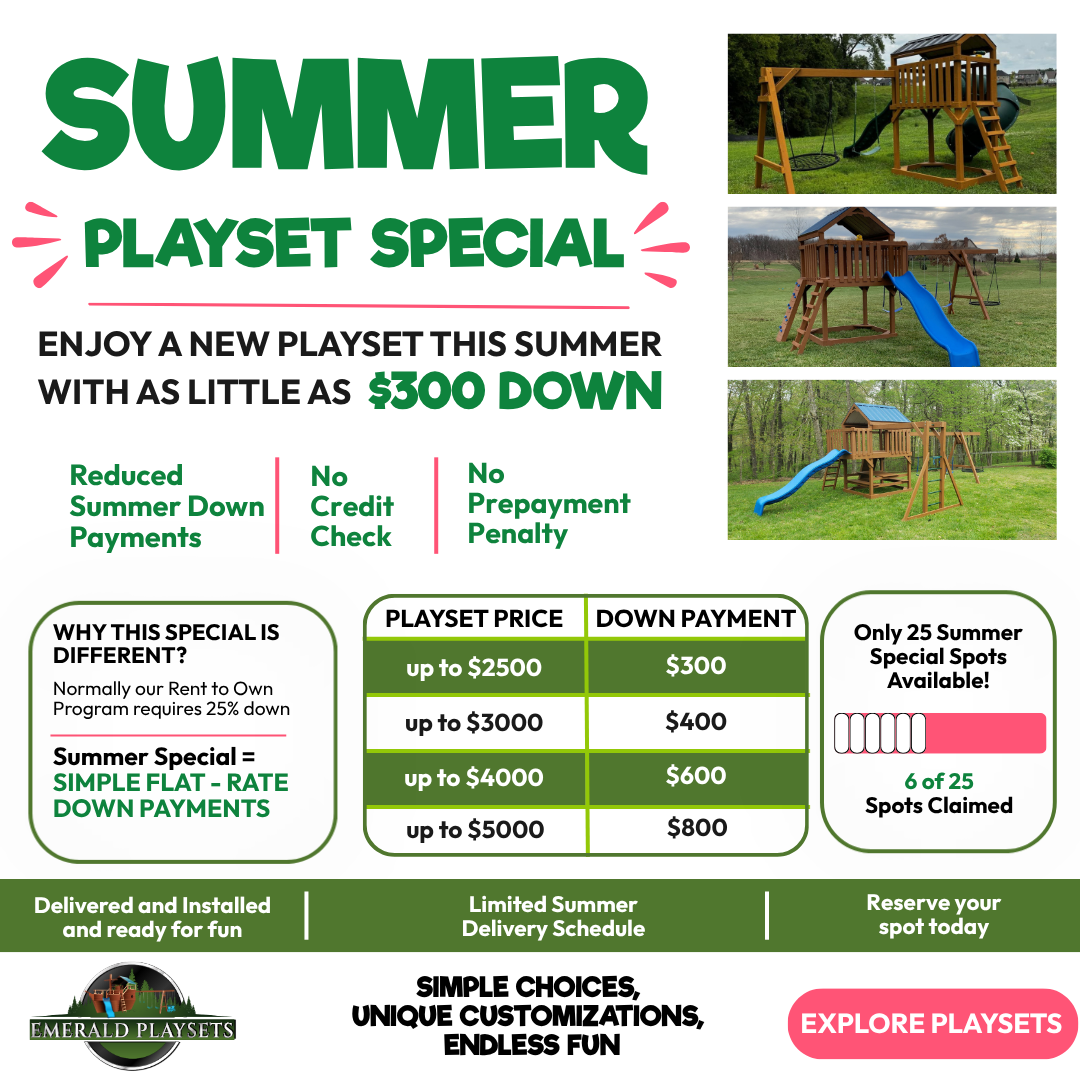 Summer playset special ad with green slide, pricing table, and $300 down offer