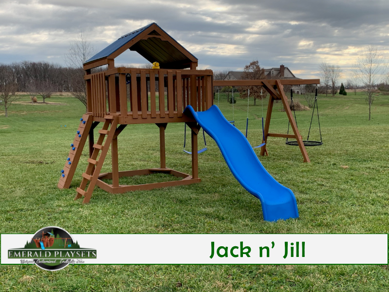 Wooden playset with blue slide, swings, and climbing ladder on a green lawn.