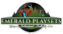 The logo for emerald playsets shows a playground with a slide and swings.