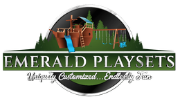 The logo for emerald playsets shows a playground with a slide and swings.