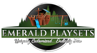 The logo for emerald playsets shows a playground with a slide and swings.