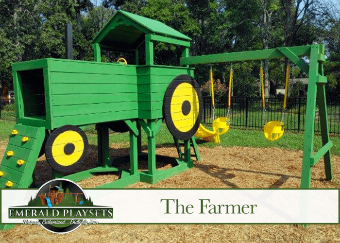 A green and yellow playground set called the farmer