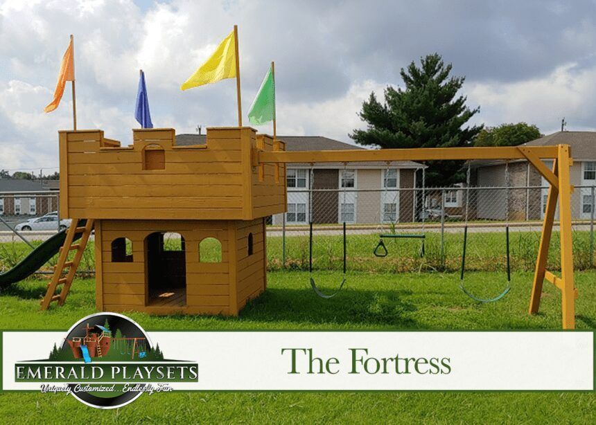A picture of a wooden playset called the fortress