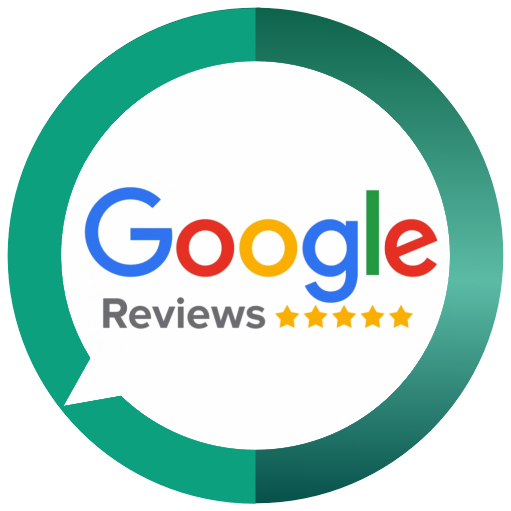 Google Reviews logo in a green speech bubble with a star rating.