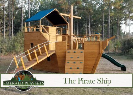 A wooden pirate ship with a slide and stairs