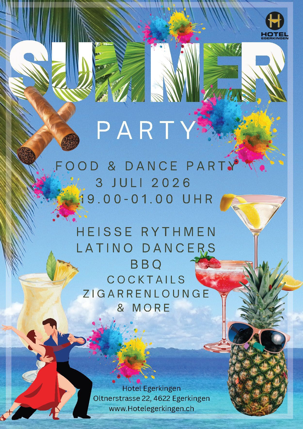 Sommerparty-Flyer: Essen & Tanz mit lateinamerikanischen Tänzern, Cocktails, Grillen und Zigarrenlounge. 3. Juli 2026, 19:00–01:00 Uhr.