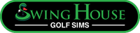 Logo for Swing House Golf Sims: black oval with green border, green text, golf icon.