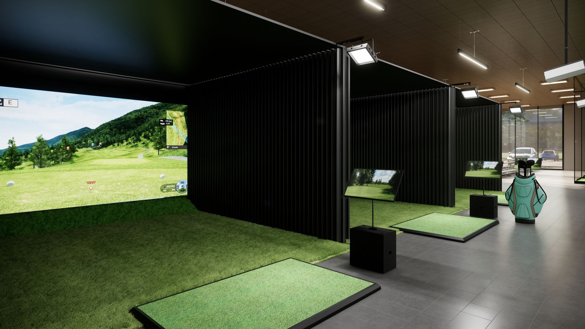 Indoor golf simulator bays with turf, a large screen displaying a golf course scene, and golf bags.