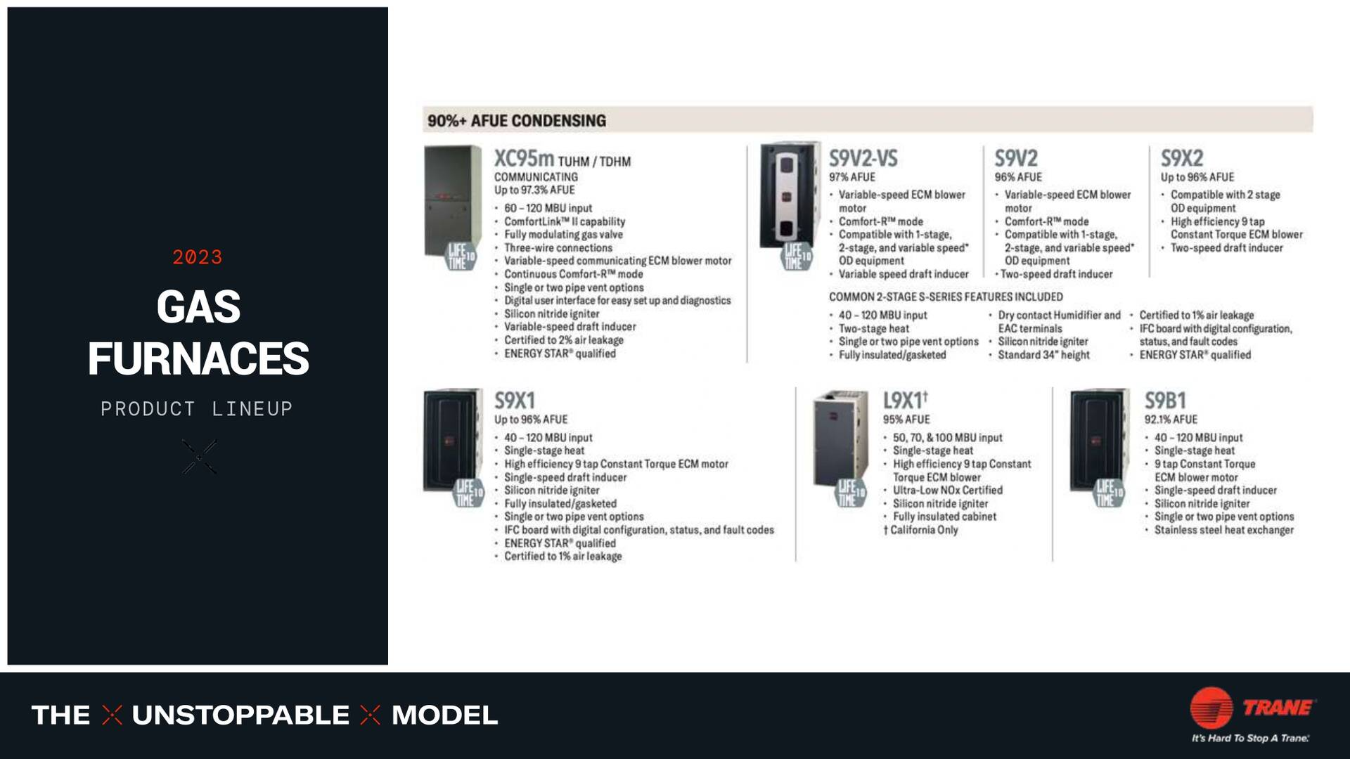 Page from a brochure featuring several gas furnaces. Models are listed with specifications.