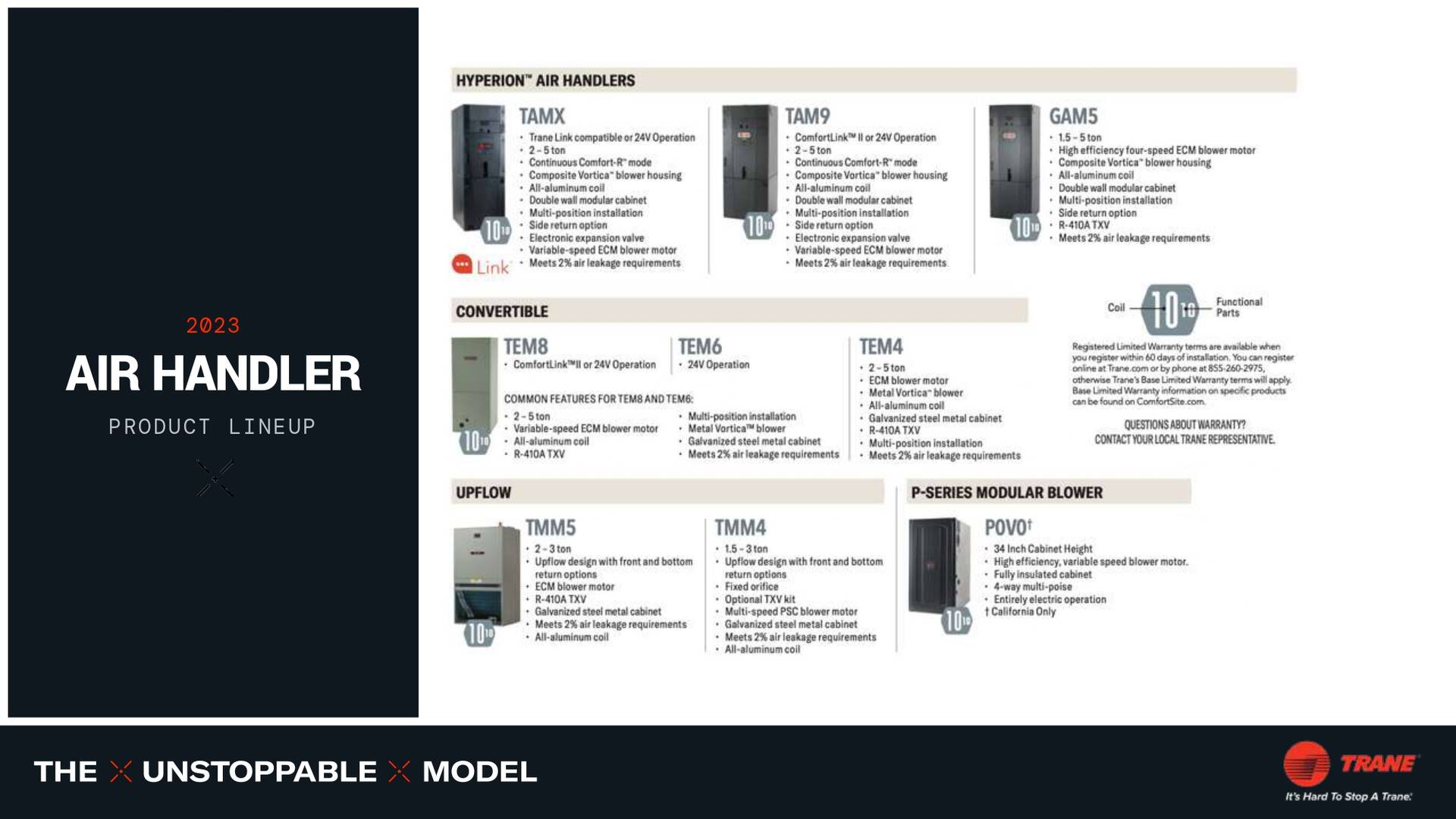 Product catalog showing different models of Trane air handlers.