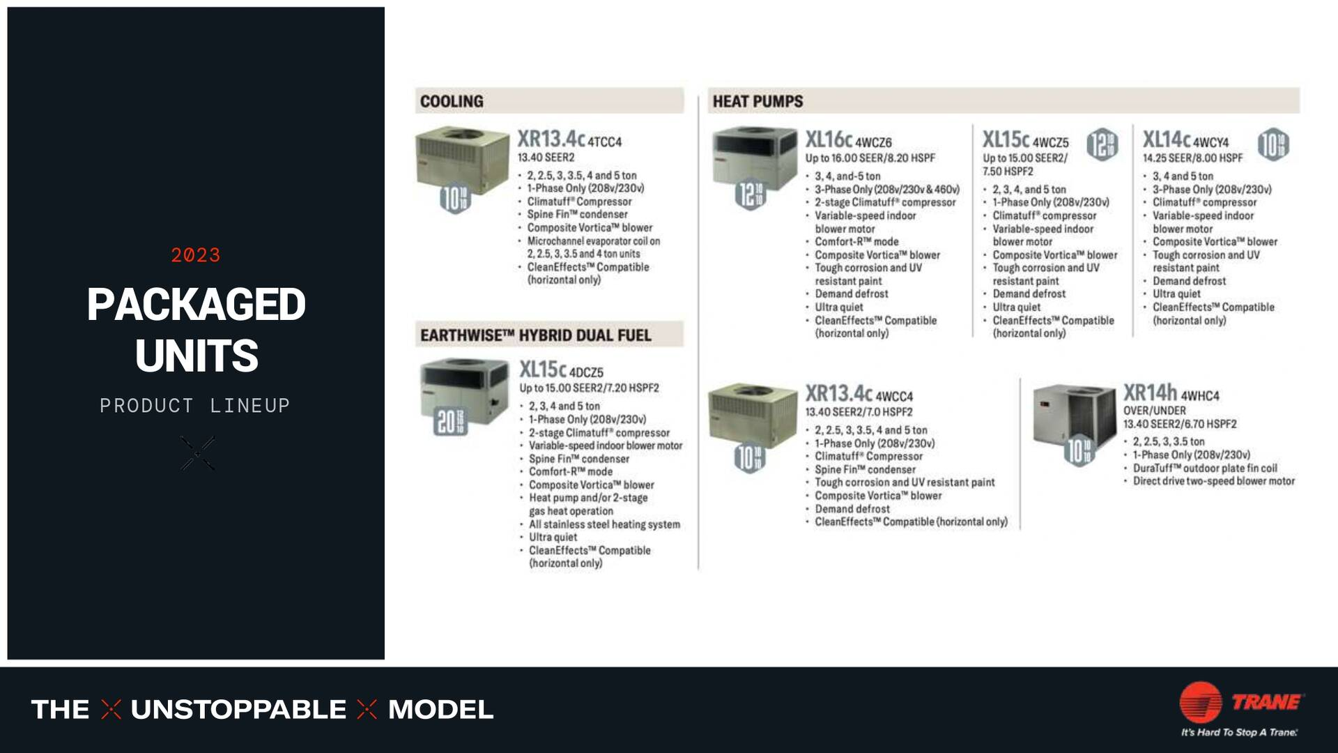 Dark Trane ad, features packaged HVAC units with specs.
