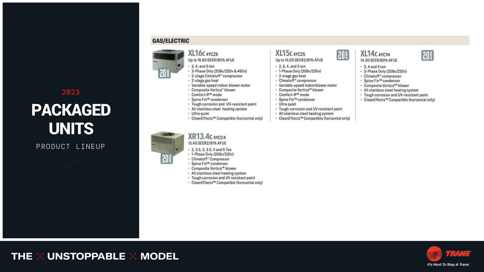 Packaged HVAC unit product catalog from Trane; with models Q75, Q125, and Q150.