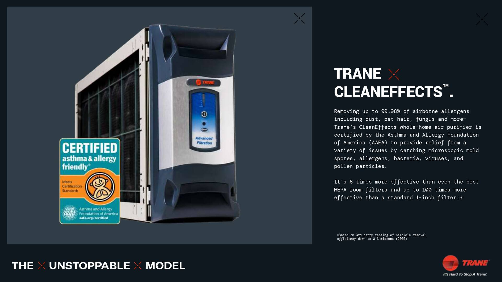 Trane CleanEffects air cleaner, features a blue, silver, and black design, with a 