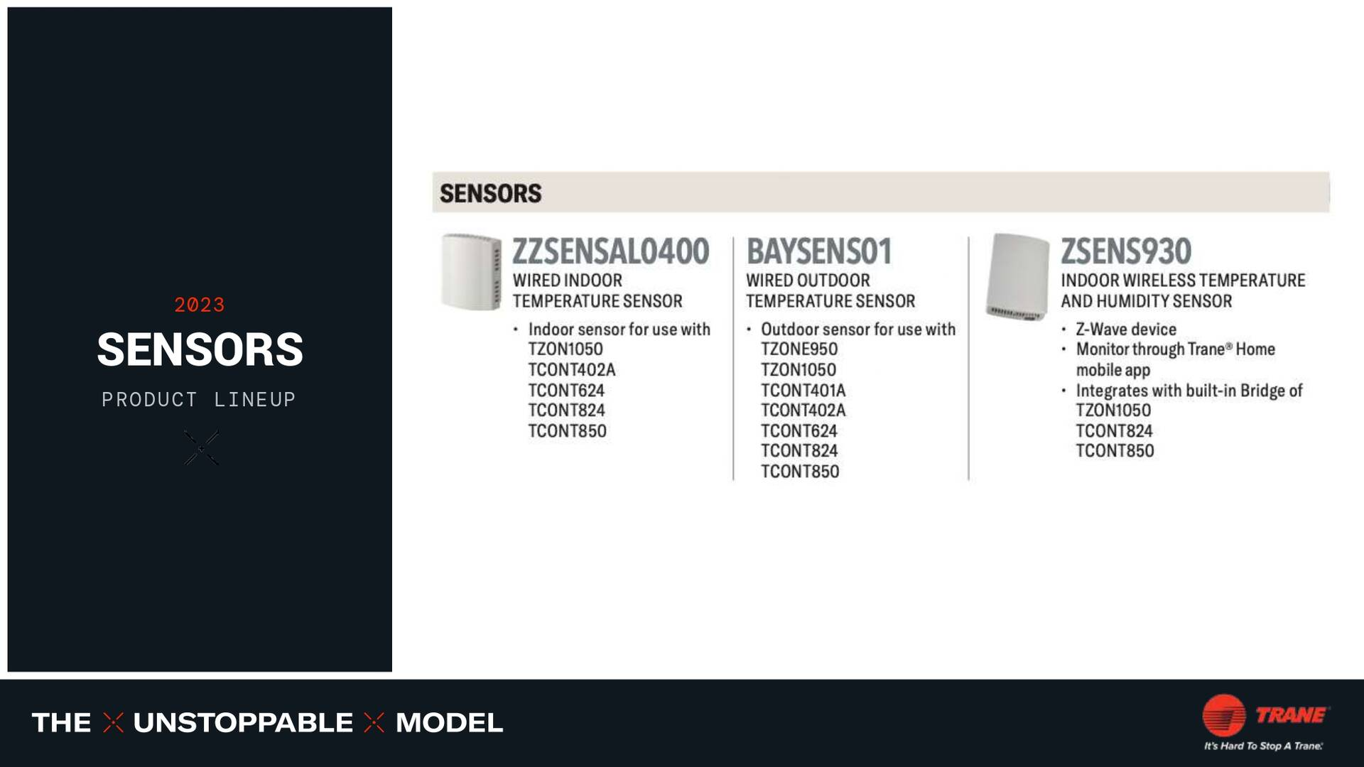 Slide with Trane sensor models: ZZSENSAL0400, BAYSIENS01, and ZSENS910.