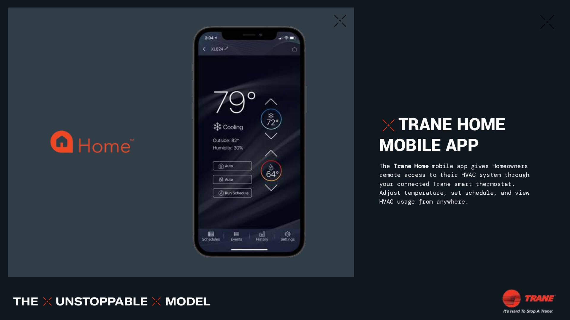 A smartphone displays the Trane Home app with a thermostat interface on a dark background. Text reads 