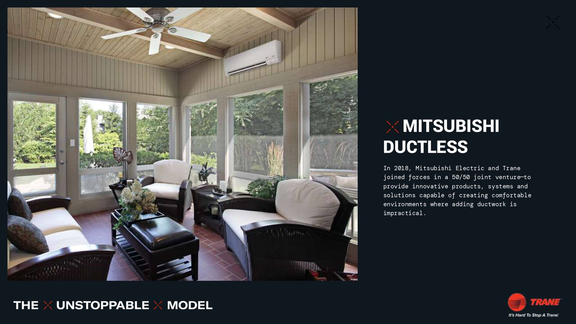 Sunroom with ductless Mitsubishi air conditioner, featuring dark furniture and a ceiling fan.