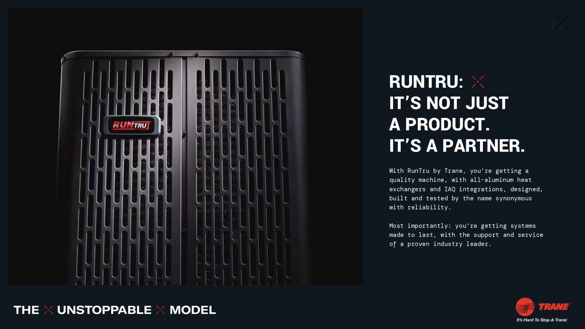 Black unit with the Trane logo, text says 