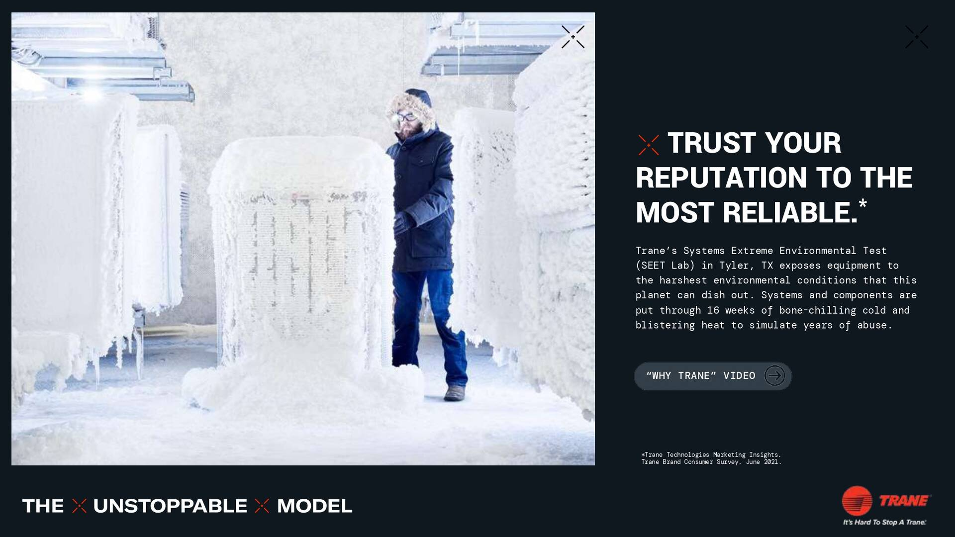 Man in cold storage facility; Trane ad for reliable HVAC.