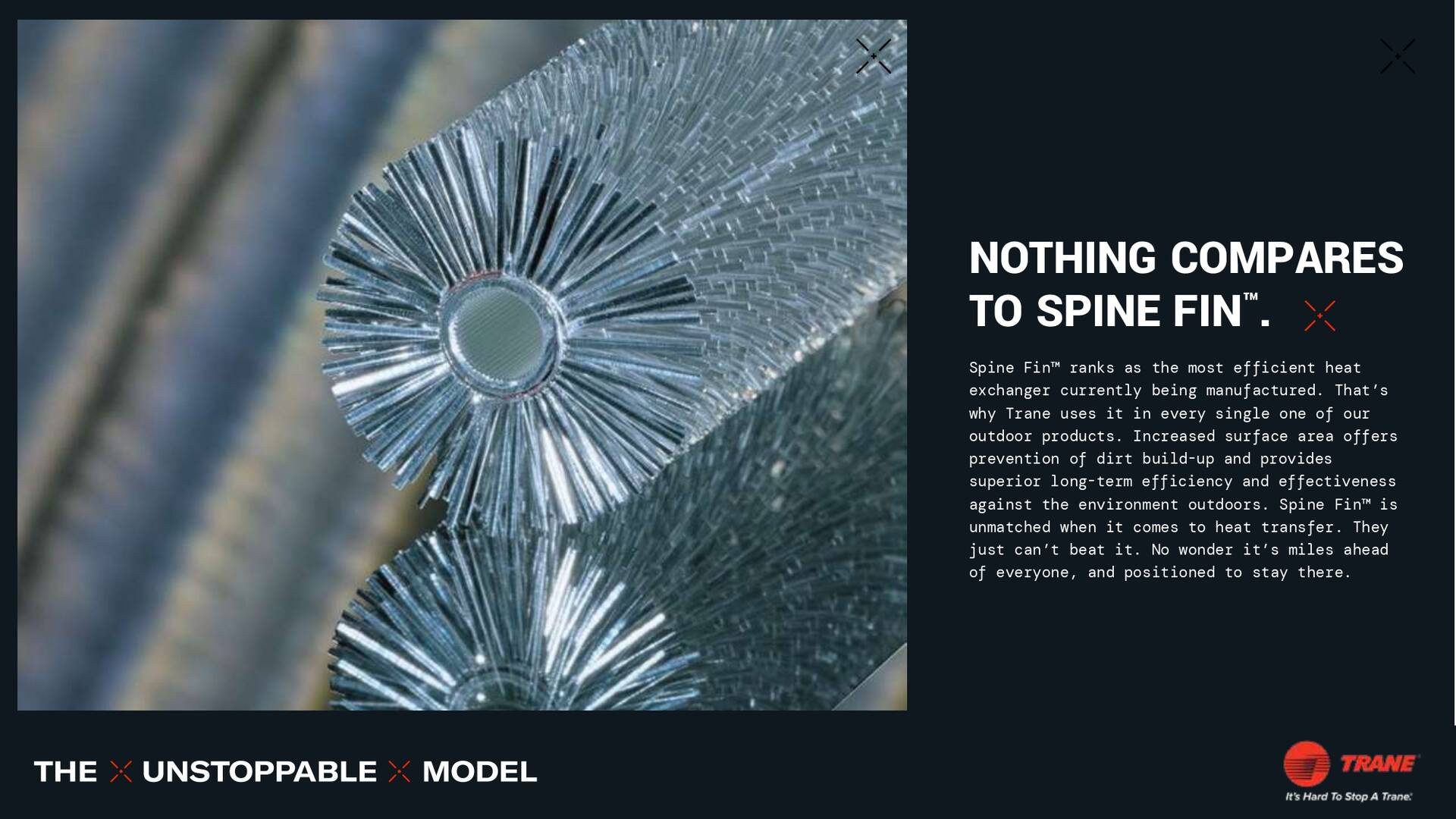 Close-up of Spine Fin heat exchanger, reflecting light. Text: 