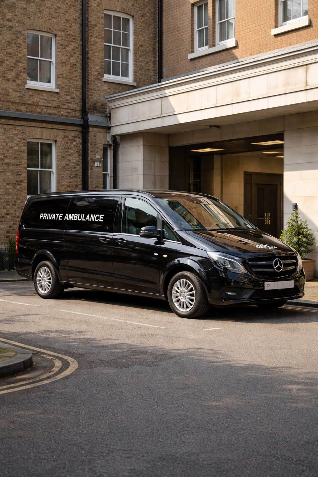 Black Mercedes-Benz van parked outside a brick building with a stone entrance.