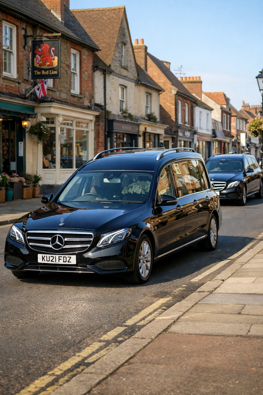 Black hearse and sedan on a street lined with buildings and a pub.