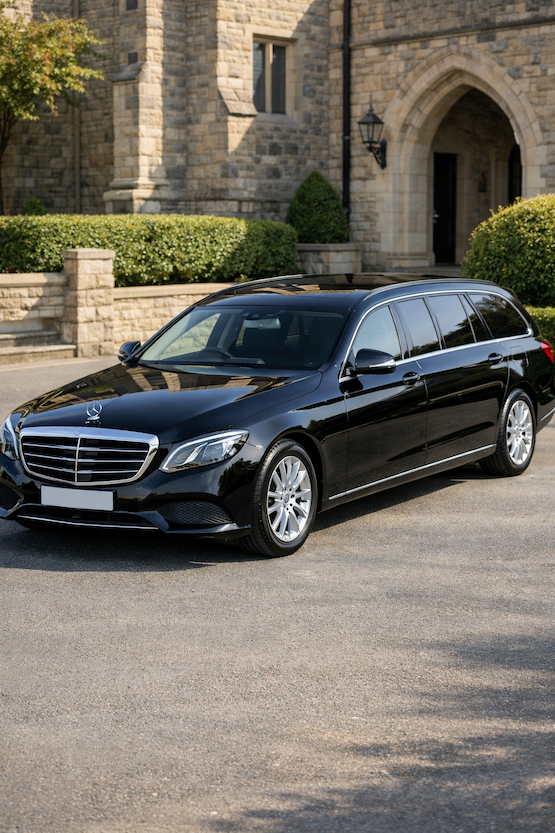 Black Mercedes-Benz station wagon parked on a paved driveway in front of a stone building with an arched doorway.
