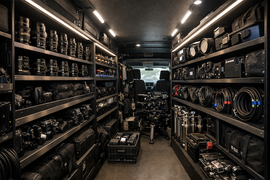 Inside of a van filled with professional photography equipment on shelves.
