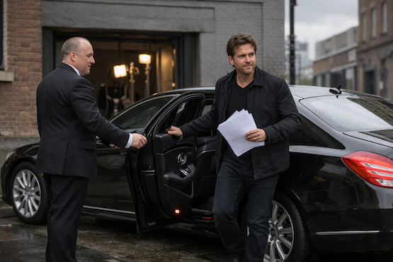 Black Mercedes-Benz station wagon parked on a paved driveway in front of a stone building with an arched doorway.