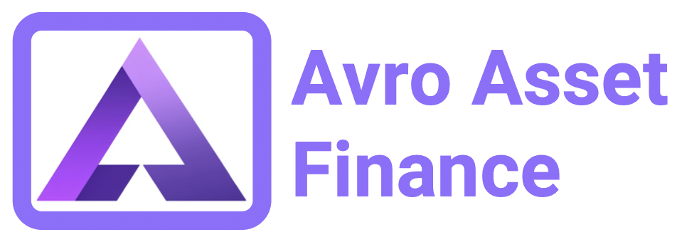 A logo for avro asset finance with a purple triangle