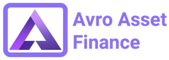 A logo for avro asset finance with a purple triangle