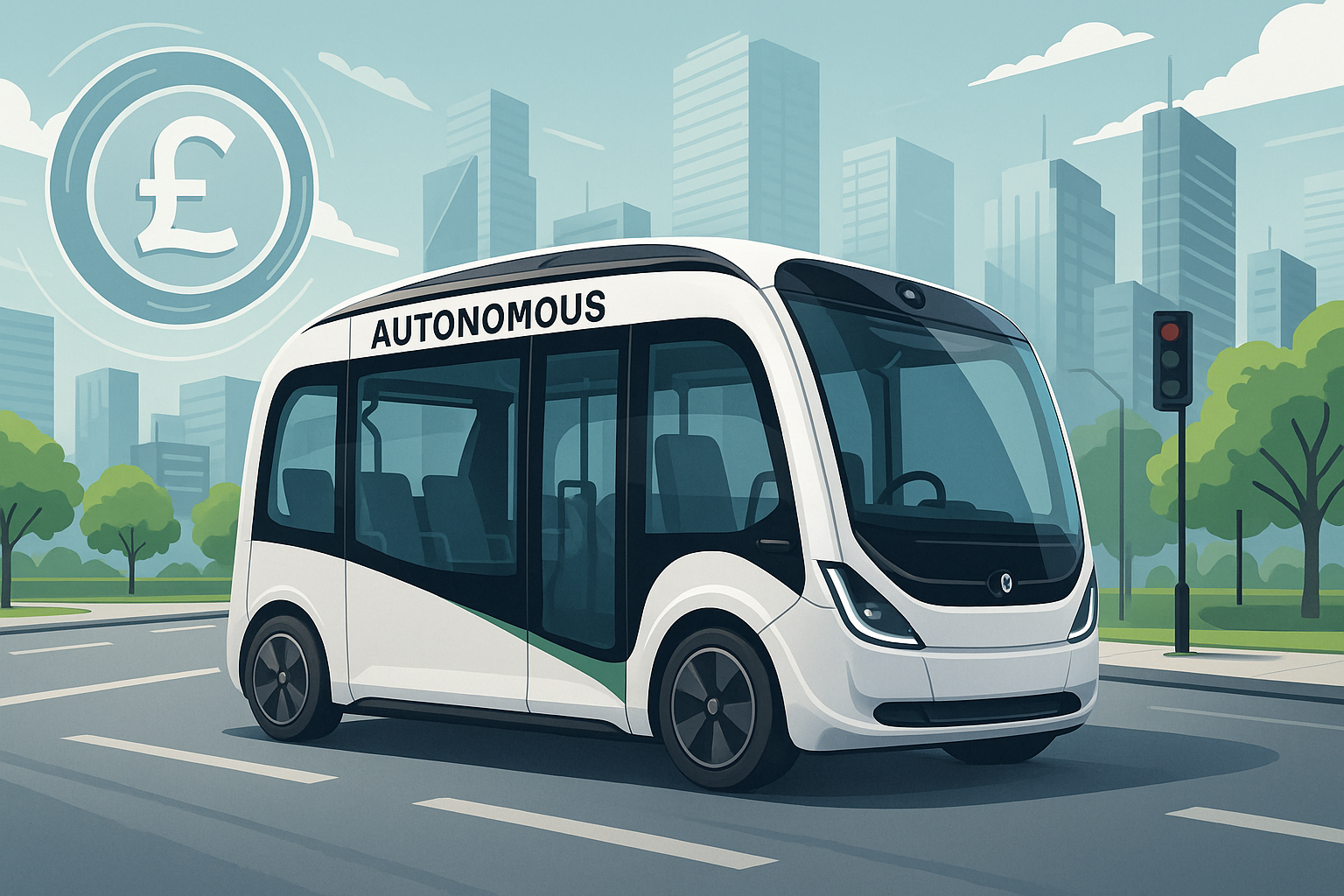 A pixel art illustration of an autonomous bus driving down a city street.