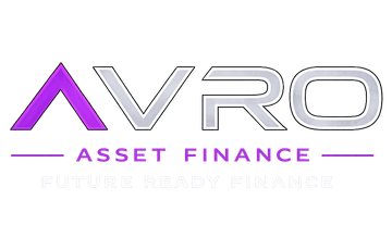 A logo for avro asset finance with a purple triangle