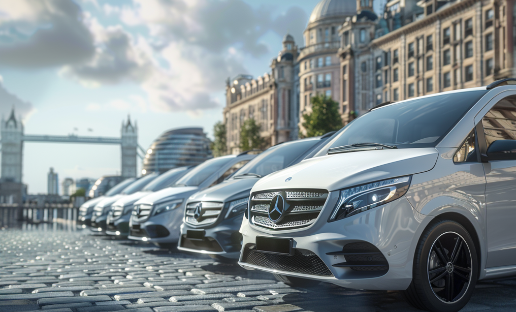 A row of Mercedes V Class vans parked next to each other on a cobblestone London street.
