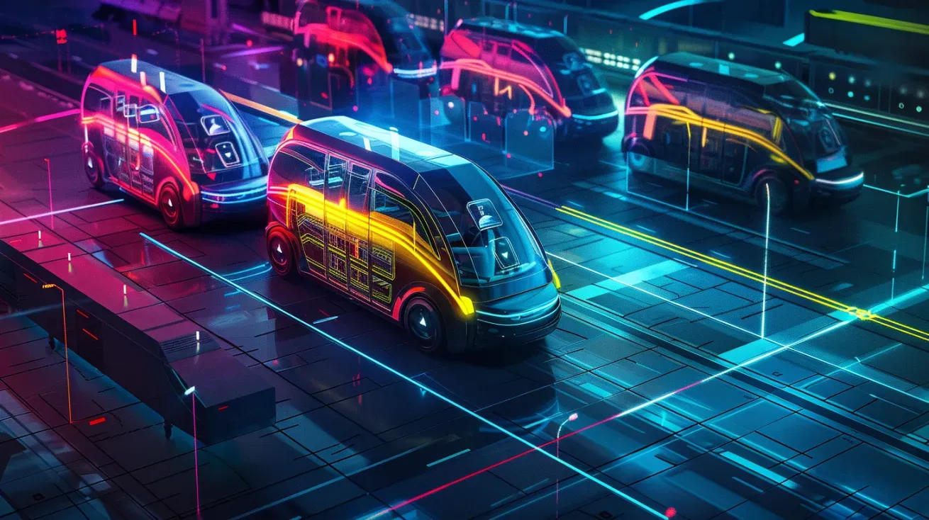 Futuristic electric vehicles on a neon-lit, grid-patterned road.