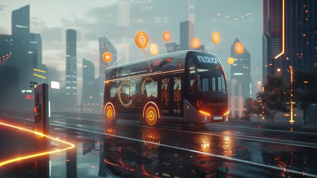 Futuristic bus on wet road in a city at dusk. Orange lights glow from the bus and buildings.