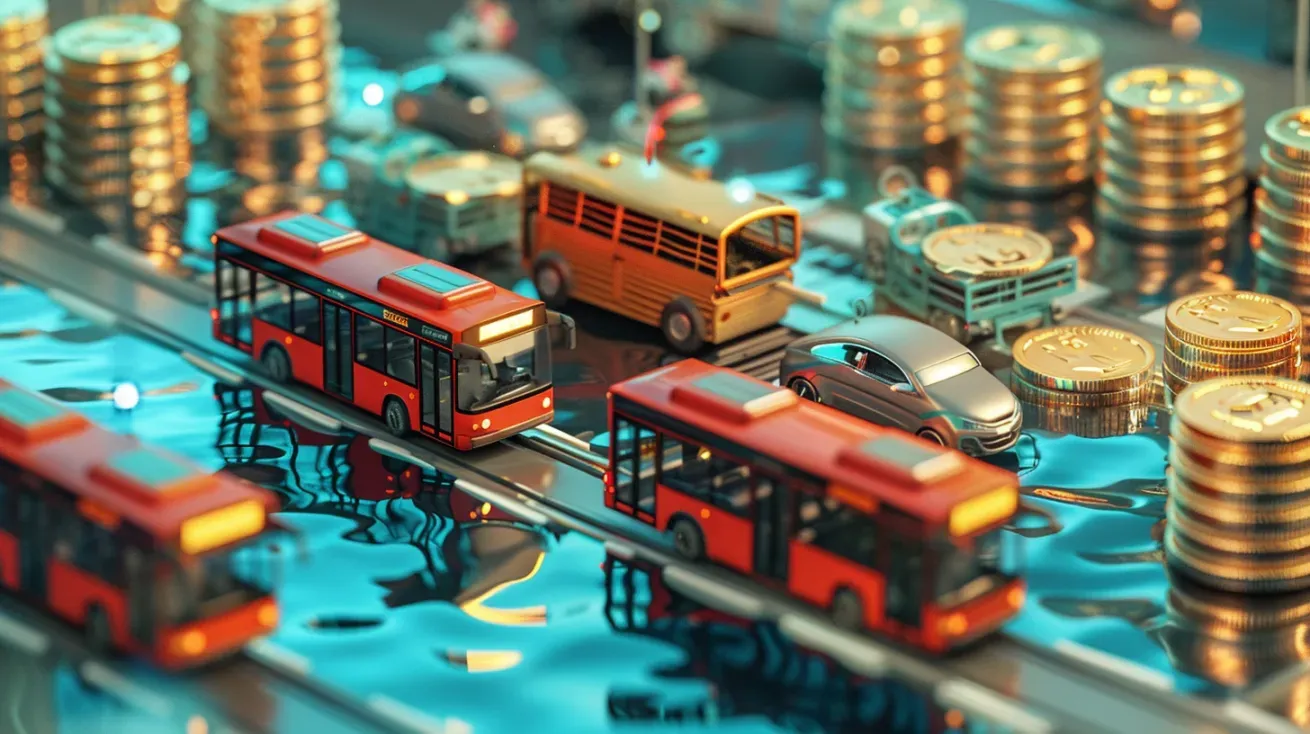 Miniature buses and cars on a track, surrounded by stacks of gold coins, on a reflective surface.