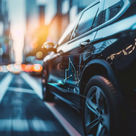 A black car is parked on the side of a city street with refection of financial data in the door