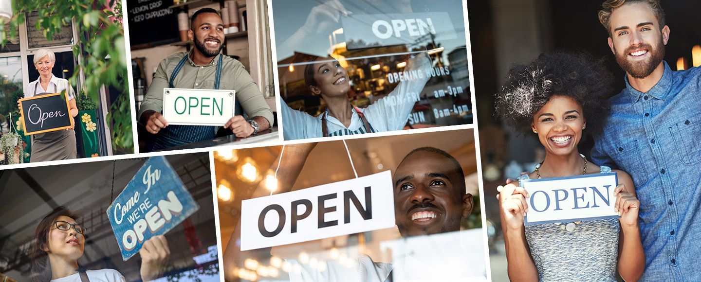 A collage of people holding signs that say `` open ''.