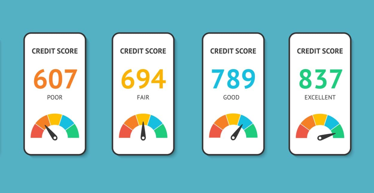 A set of credit scores on a blue background.