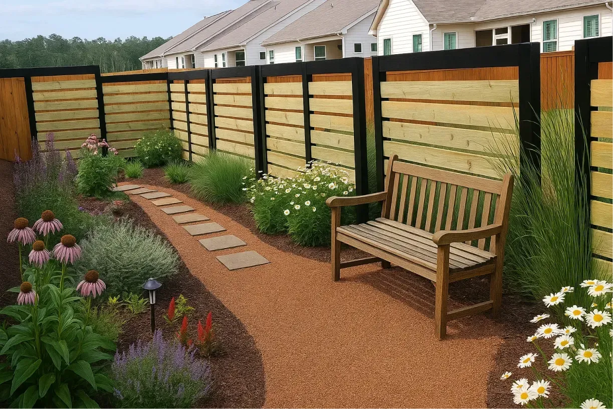 A garden path with a wooden bench sits beside a fenced flower bed filled with green plants and white and purple flowers.