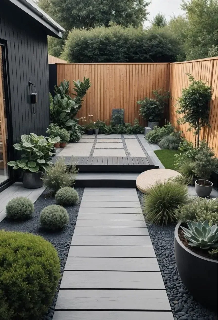 A modern backyard with a wooden fence, concrete plank path, gray deck, and potted plants in black gravel.