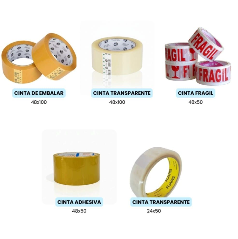 Una colección de cinco tipos de cinta adhesiva para embalaje, con las dimensiones indicadas debajo de cada rollo.