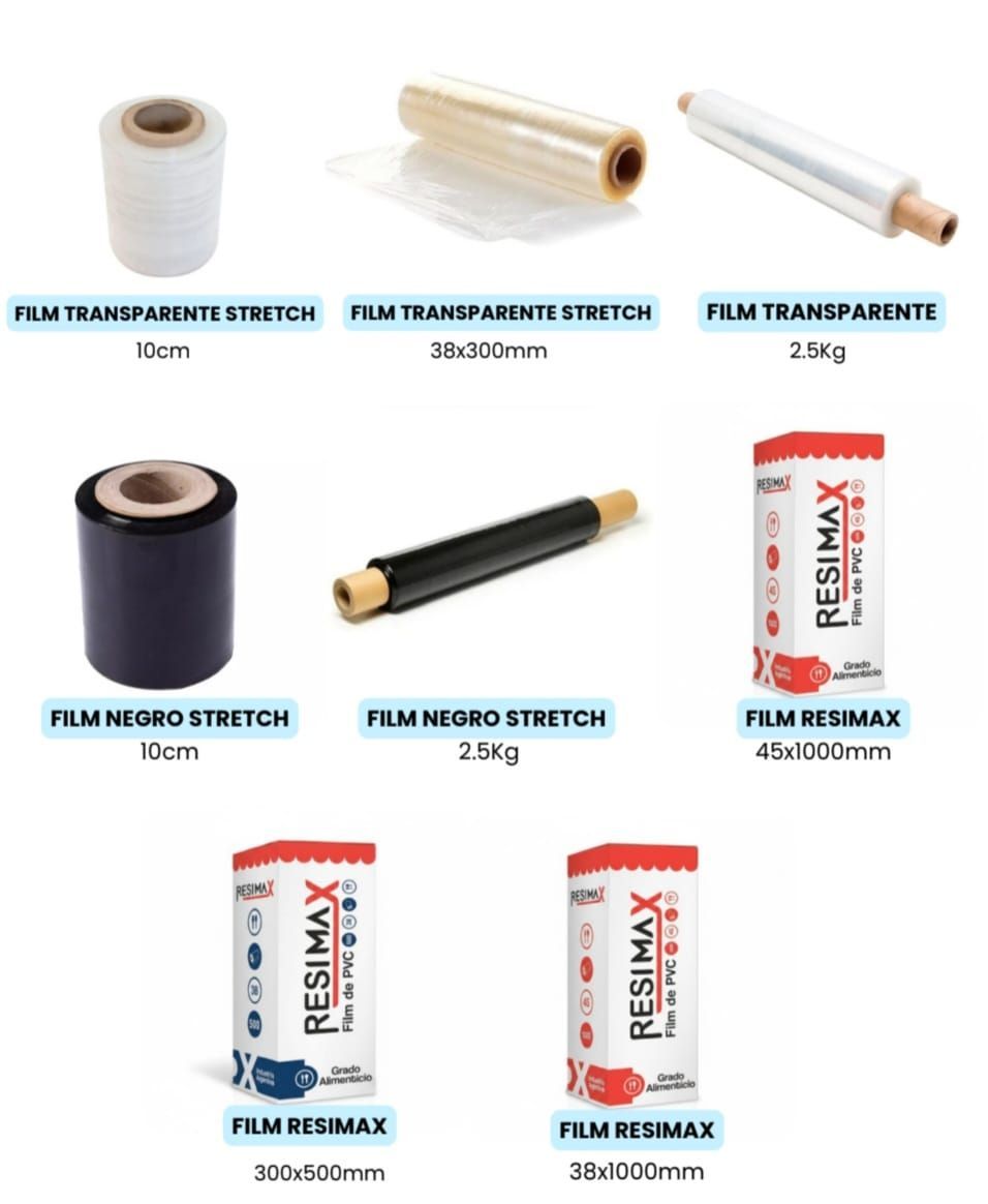Una cuadrícula de productos que muestra varios rollos de film estirable transparente y negro