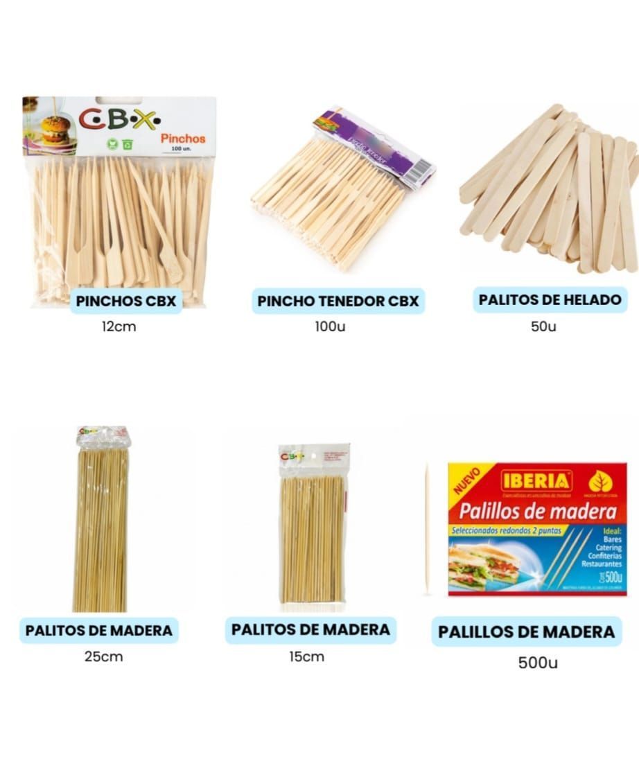 Una tabla de productos que muestra seis tipos diferentes de brochetas, palillos y palitos de madera