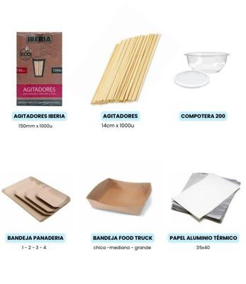 Un catálogo de productos de artículos desechables para catering, como agitadores, cuencos