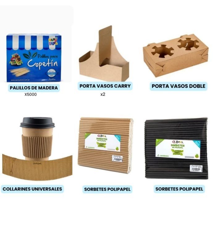 Una cuadrícula con seis artículos para la cafetería: brochetas de madera, recipientes para llevar comida, portavasos