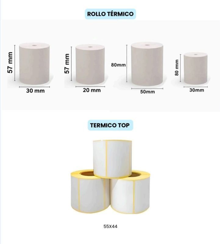 Catálogo que muestra varios rollos térmicos con dimensiones