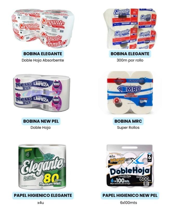 Una cuadrícula de seis productos de papel etiquetados como Bobina y Papel Higiénico de marcas como Elegante, New Pel y MRC.