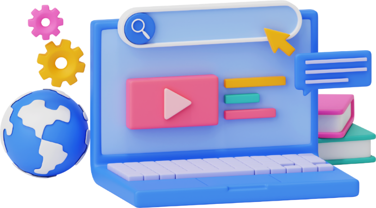 3D illustration of a laptop with a video, search bar, books, gears, and a globe, representing online learning.
